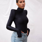 Damen Langarm-Bodysuit mit hohem Kragen und eleganten Raffungen R&B