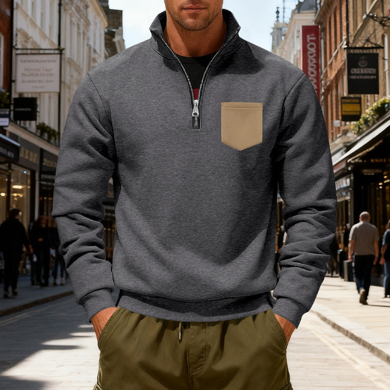 Herren modischer Sweatshirt mit halbem Reißverschluss und aufgesetzter Tasche R&B