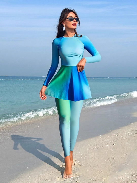 Damen Mode-Schwimmanzug mit langen Ärmeln und schwingendem Rock R&B