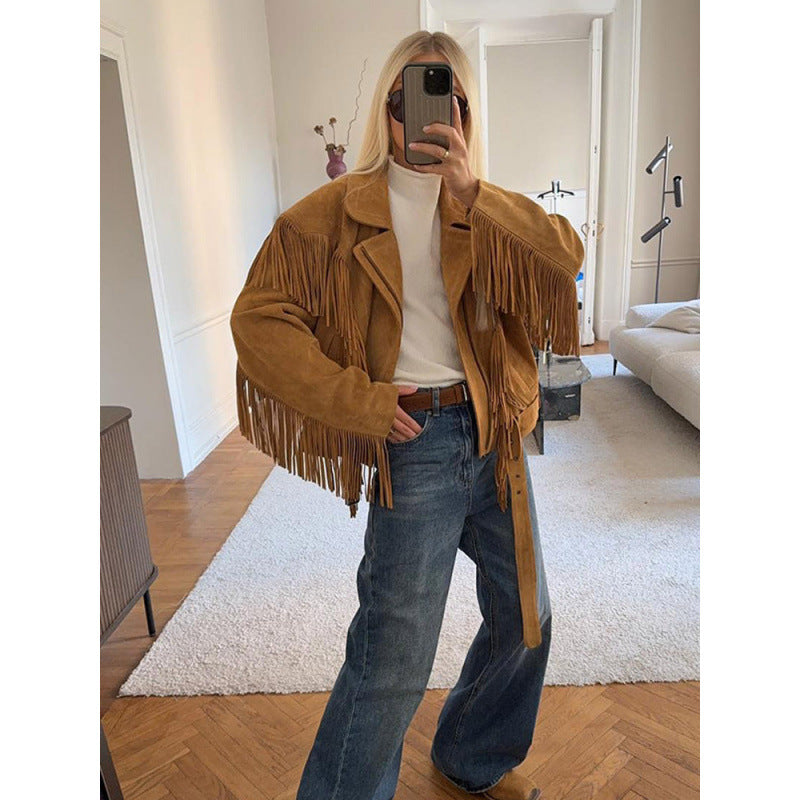 Damen Wildlederjacke mit Fransen und großzügigen Ärmeln R&B