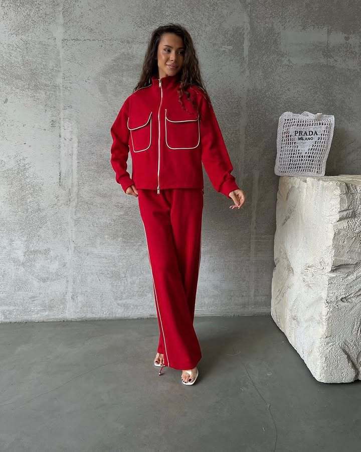 Damen sportliches Fleece-Set mit modischen Kontrasten und praktischen Taschen R&B