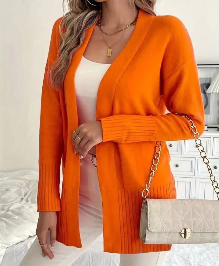 Damen Langer Strickcardigan mit feinen Rippdetails und lässigem Schnitt R&B