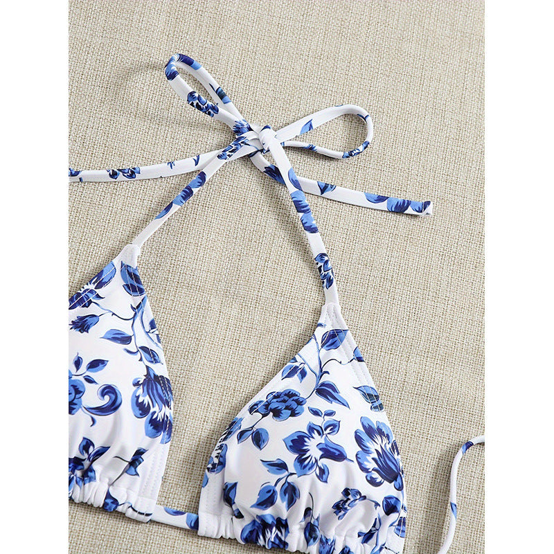 Damen Bunt gemusterter Triangel-Bikini-Set mit leichtem Überwurf