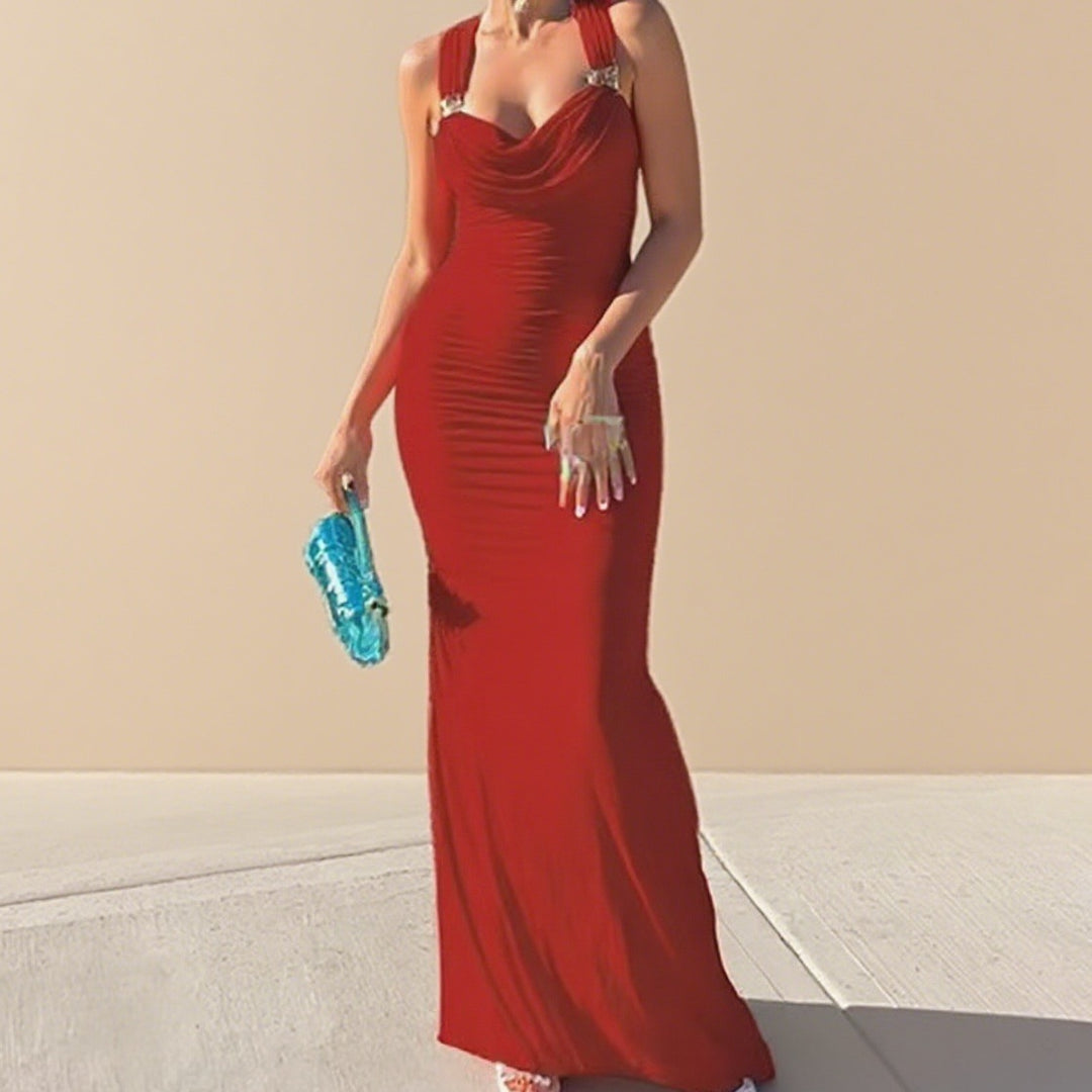 Damen Elegantes figurbetontes Abendkleid mit drapiertem Oberteil und goldenen Trägern R&B