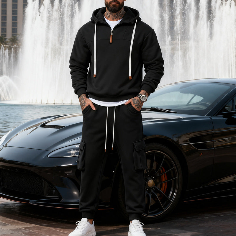 Herren nan lässiger Fleece-Jogginganzug mit halbem Reißverschluss und Cargo-Taschen R&B