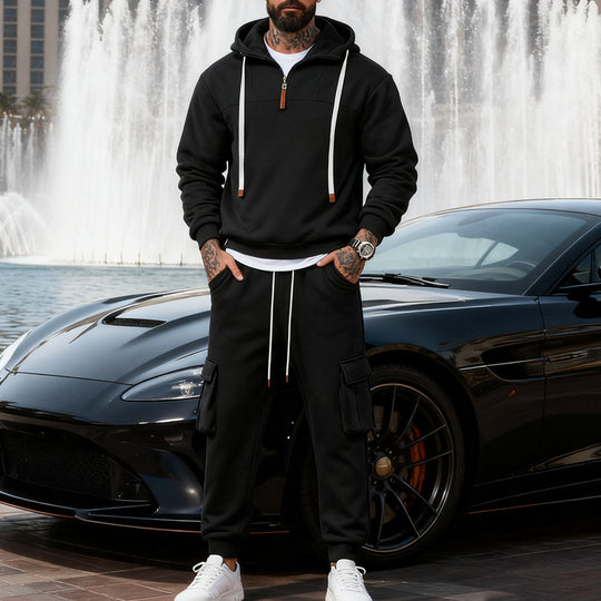 Herren nan lässiger Fleece-Jogginganzug mit halbem Reißverschluss und Cargo-Taschen R&B