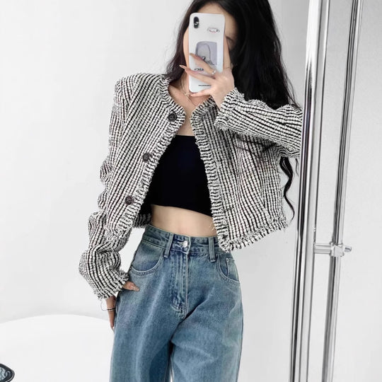 Damen trendige Bouclé-Jacke mit dekorativen Knöpfen und lässigem Schnitt R&B