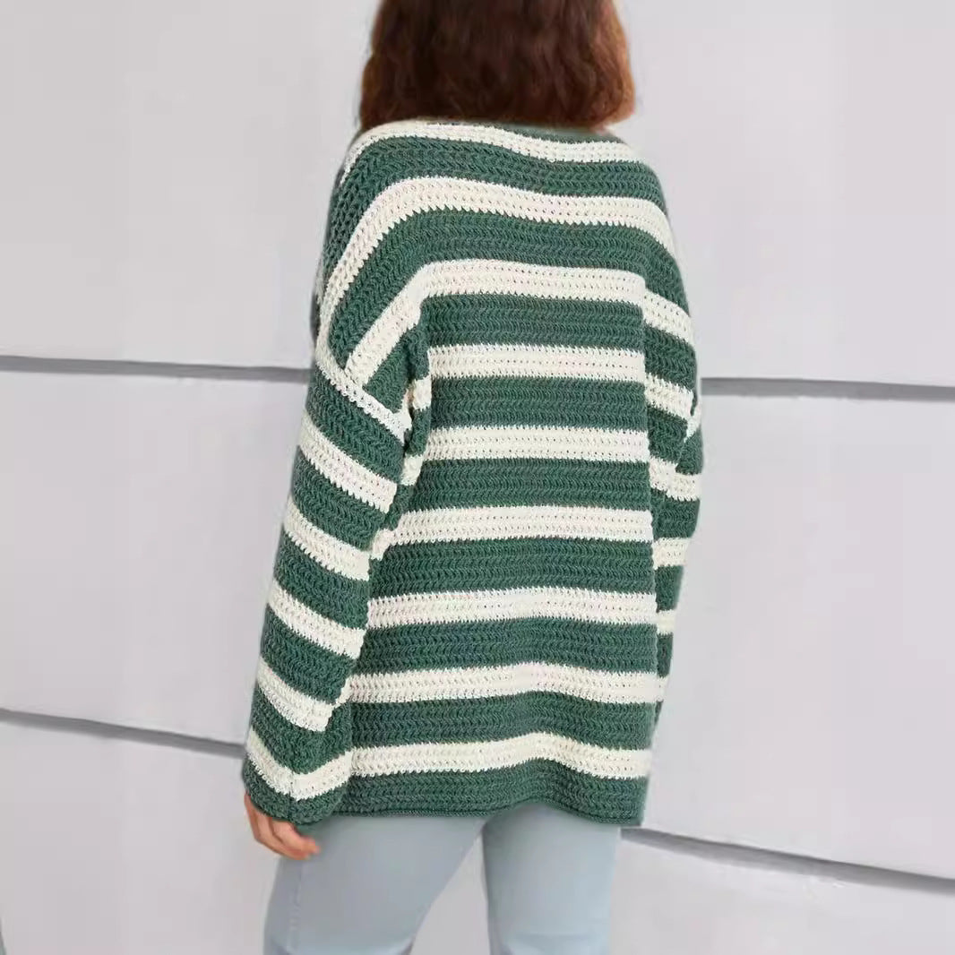Damen lässiger gehäkelter Pullover mit modernen Blockstreifen R&B