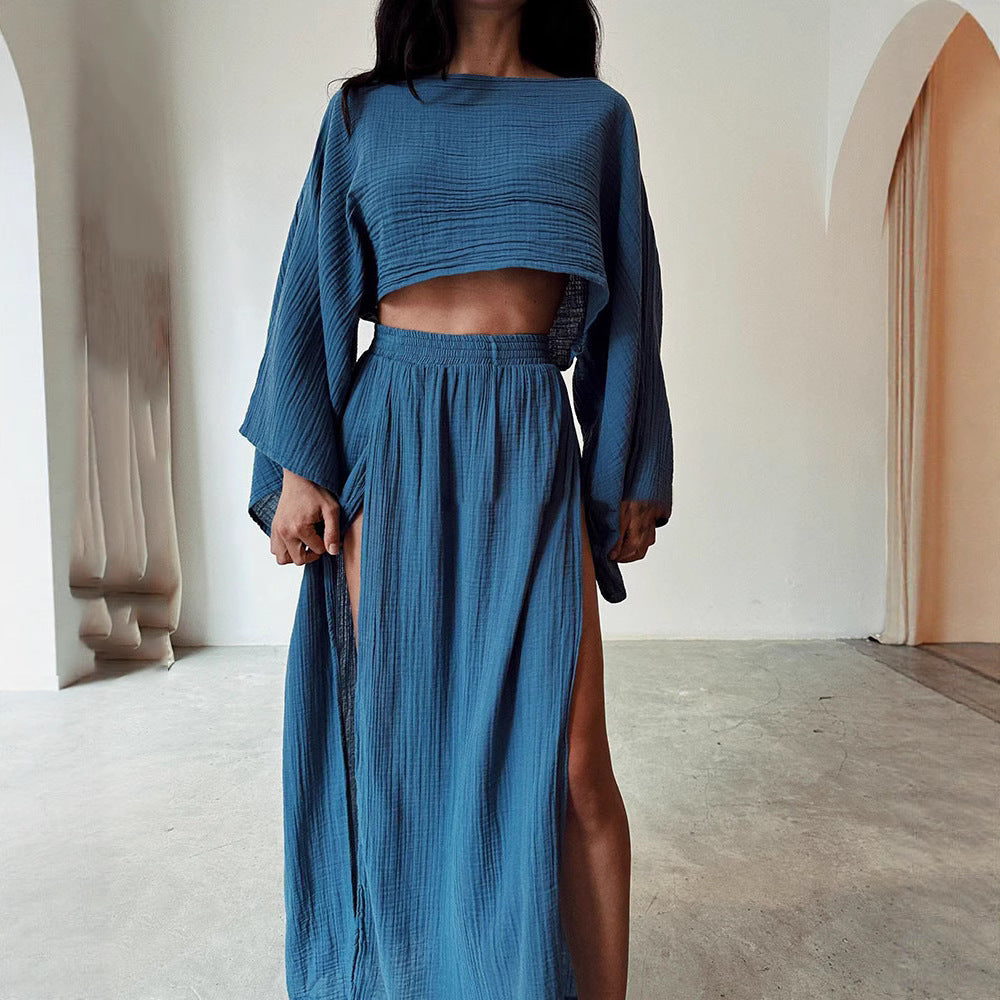 Damen luftiges Set aus cropped Oberteil und hoch geschnittenem Rock R&B