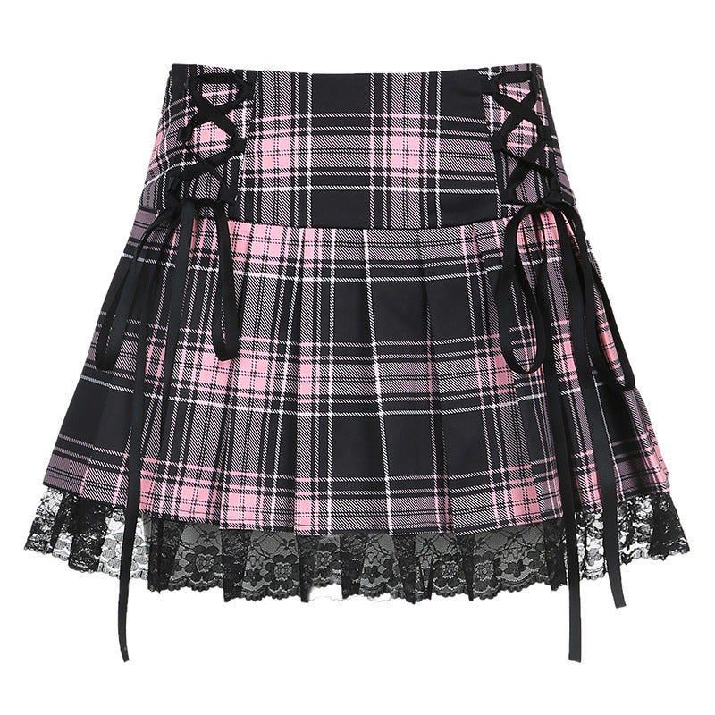 Damen karierter Minirock mit Spitzenabschluss und Schnürdetails R&B