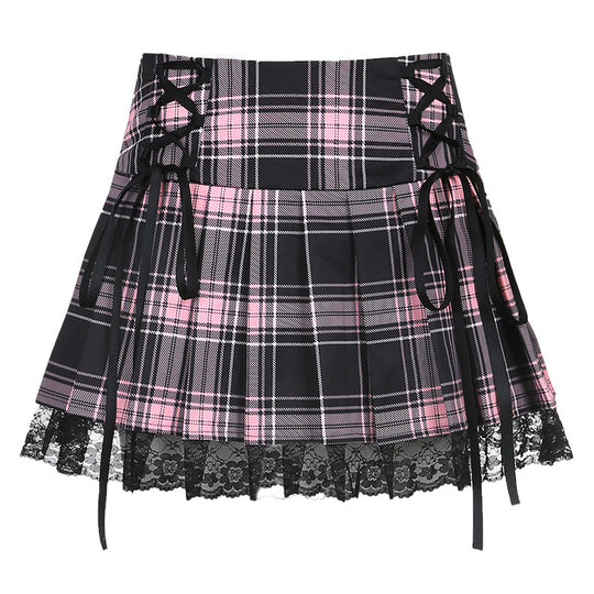Damen karierter Minirock mit Spitzenabschluss und Schnürdetails R&B
