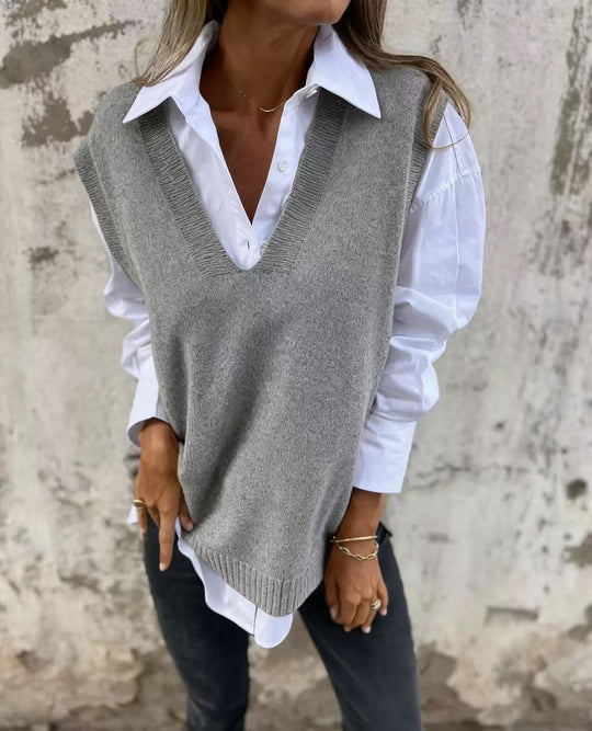 Damen lässiger Strickpullover mit V-Ausschnitt R&B