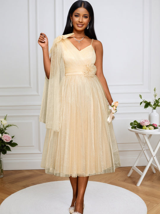 Damen festliches Midikleid mit asymmetrischem Chiffon-Overlay und floraler Applikation R&B
