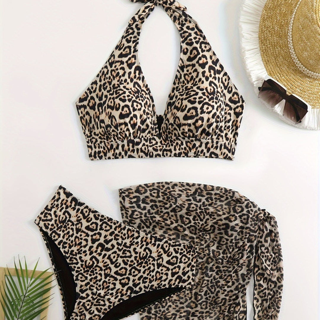 Damen Triangel-Bikini-Set mit edlem Wickeltuch und raffiniertem Animal-Print R&B