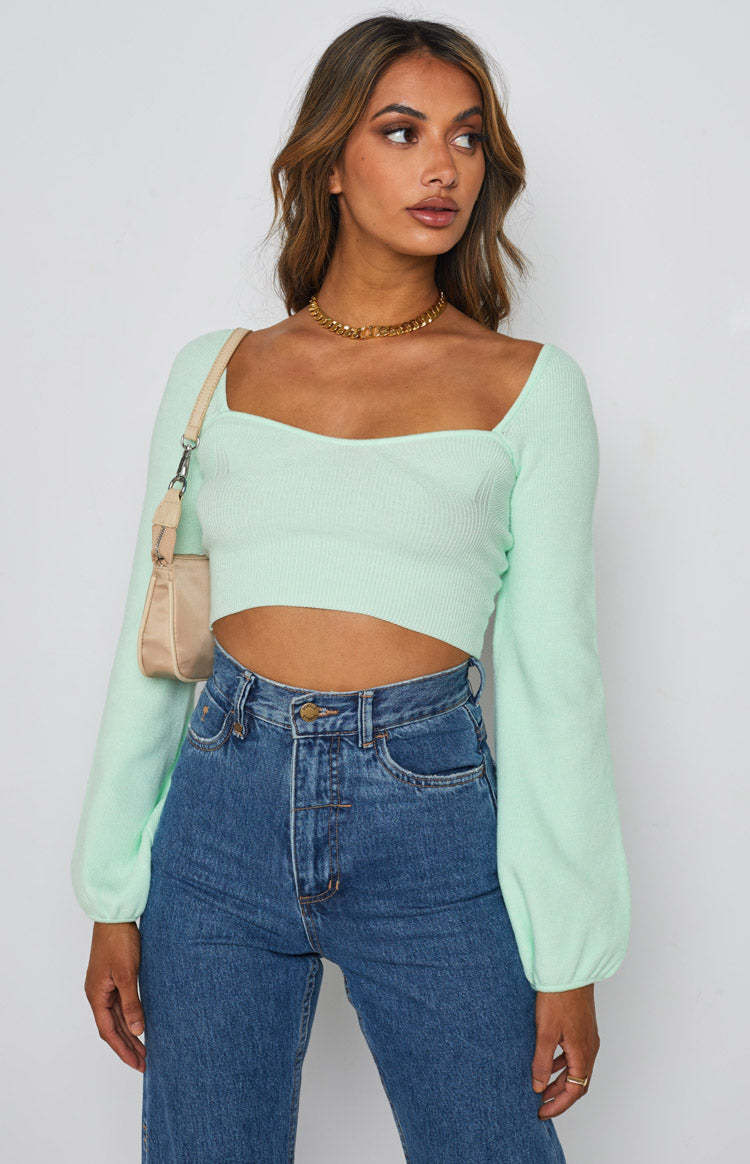 Damen lässiges Crop-Top mit weitem Arm und Rippstruktur R&B