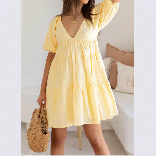 Damen luftiges Maxikleid mit voluminösen Ärmeln und schmeichelndem V-Ausschnitt R&B