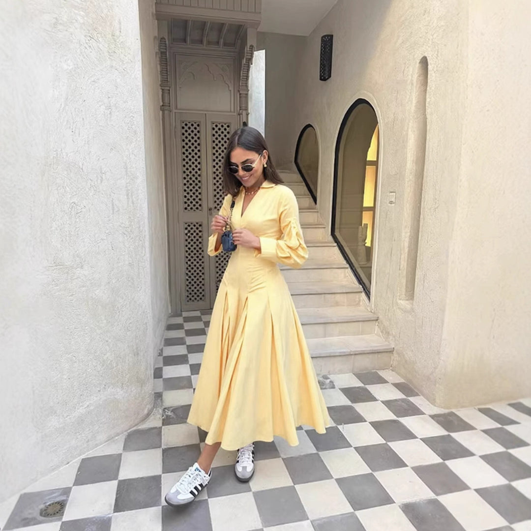 Damen Hemdblusenkleid mit elegantem V-Ausschnitt und weiten Ärmeln R&B