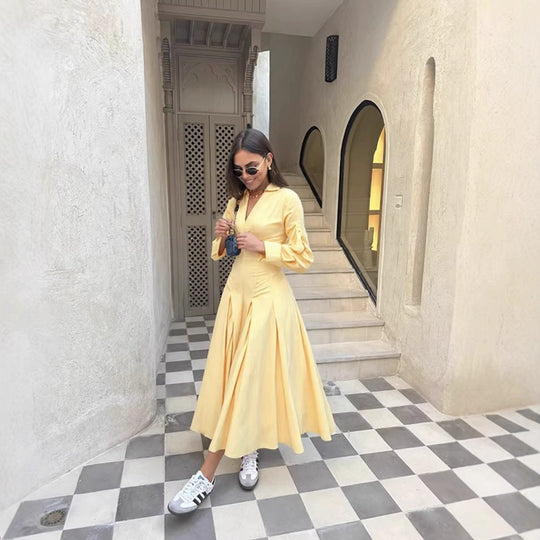 Damen Hemdblusenkleid mit elegantem V-Ausschnitt und weiten Ärmeln R&B