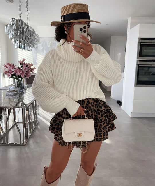 Damen Strickpullover mit hohem Kragen und voluminösen Ärmeln R&B