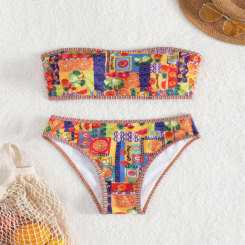 Damen Bandeau-Bikini mit fruchtigem Muster und dekorativen Kontrastnähten