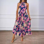 Damen Plissiertes Maxikleid mit tiefem Halterneck und floraler Taillierung R&B