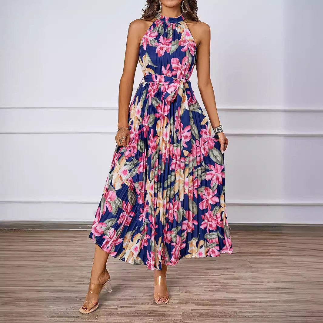 Damen Plissiertes Maxikleid mit tiefem Halterneck und floraler Taillierung R&B
