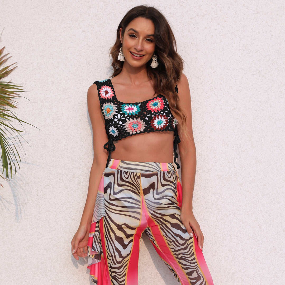Damen gehäkeltes Crop-Top mit bunten Blumenmotiven R&B