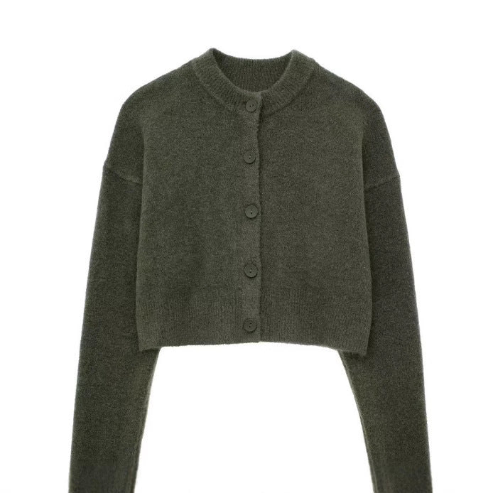 Damen Kurze Strickjacke mit Knopfleiste und Elegantem Rundhalsausschnitt R&B