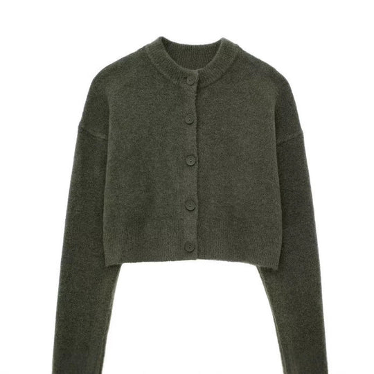 Damen Kurze Strickjacke mit Knopfleiste und Elegantem Rundhalsausschnitt R&B