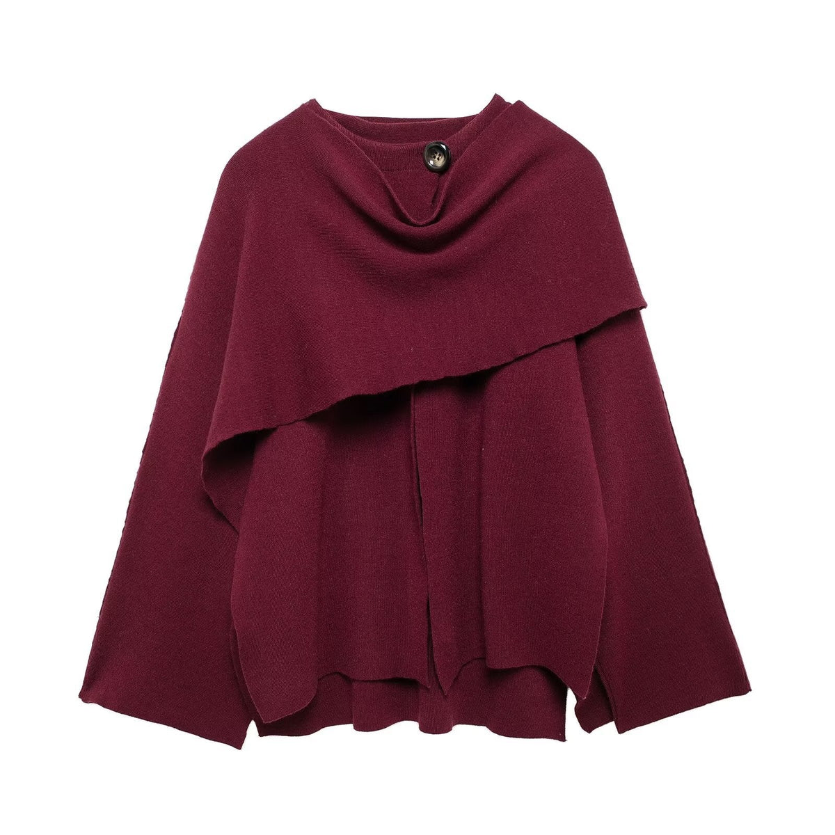 Damen nan zweilagiger Strickponcho mit asymmetrischem Saum und dekorativem Knopfkragen R&B