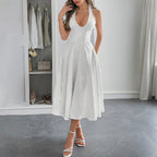 Damen Elegantes Midikleid mit tiefem V-Ausschnitt und fließendem Rock R&B