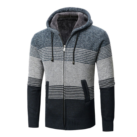 Herren Strickjacke mit Kapuze und modernen Blockstreifen R&B