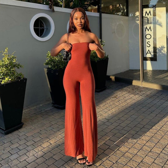 Damen elegantes Jumpsuit im lässigen Design mit Bandeau-Oberteil und weitem Bein R&B