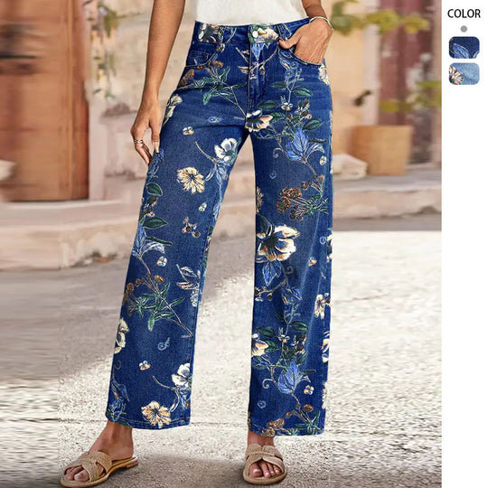 Damen Weit geschnittene Jeans mit floralem Druck und hohem Bund R&B