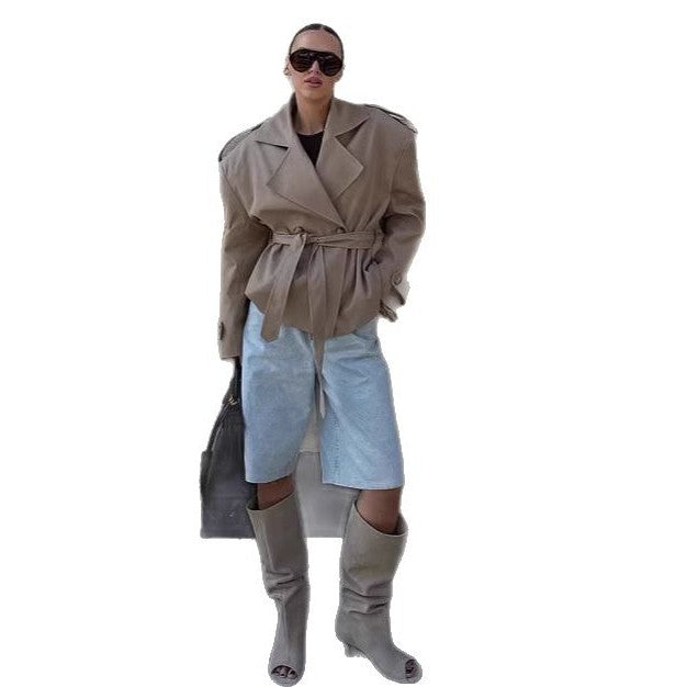 Damen Trenchcoat mit breiten Schultern und Taillengürtel R&B