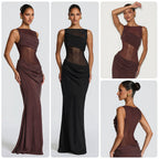Damen Elegantes Abendkleid mit transparentem Oberteil und raffinierten Rüschen EB