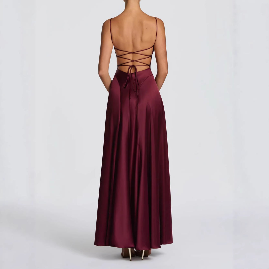 Damen Elegantes Maxi-Kleid mit fließendem Satin und verführerischem Spaghettiträger R&B