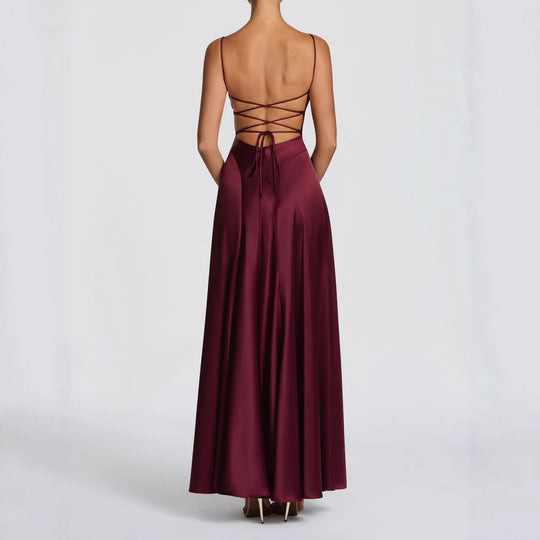 Damen Elegantes Maxi-Kleid mit fließendem Satin und verführerischem Spaghettiträger R&B