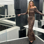 Damen elegantes schulterfreies Maxikleid mit Rüschen und schmalem Schnitt EB