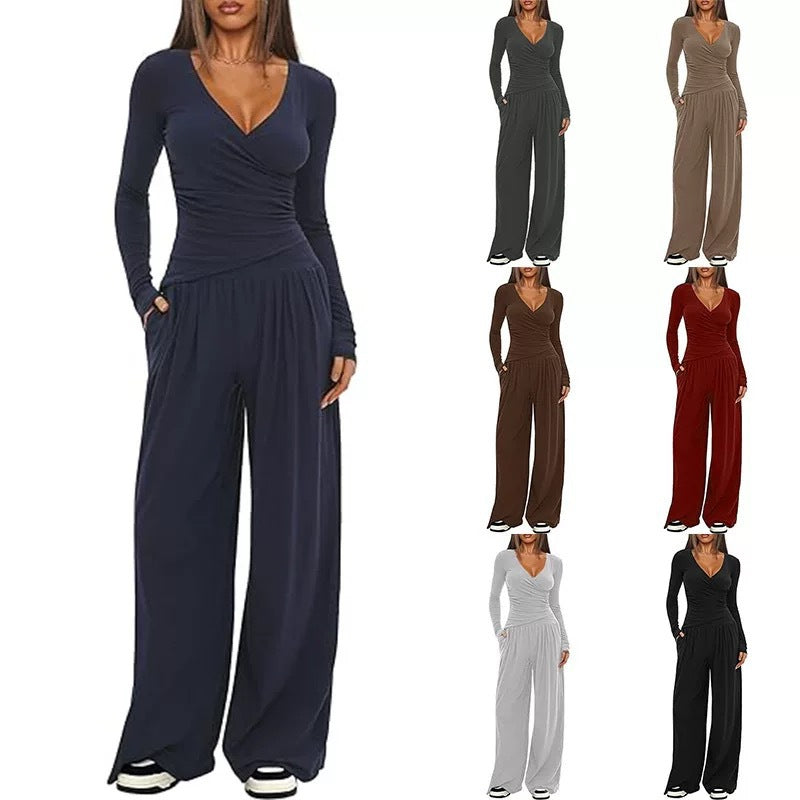 Damen Eleganter Wickel-Jumpsuit mit weitem Bein und modischen Details EB
