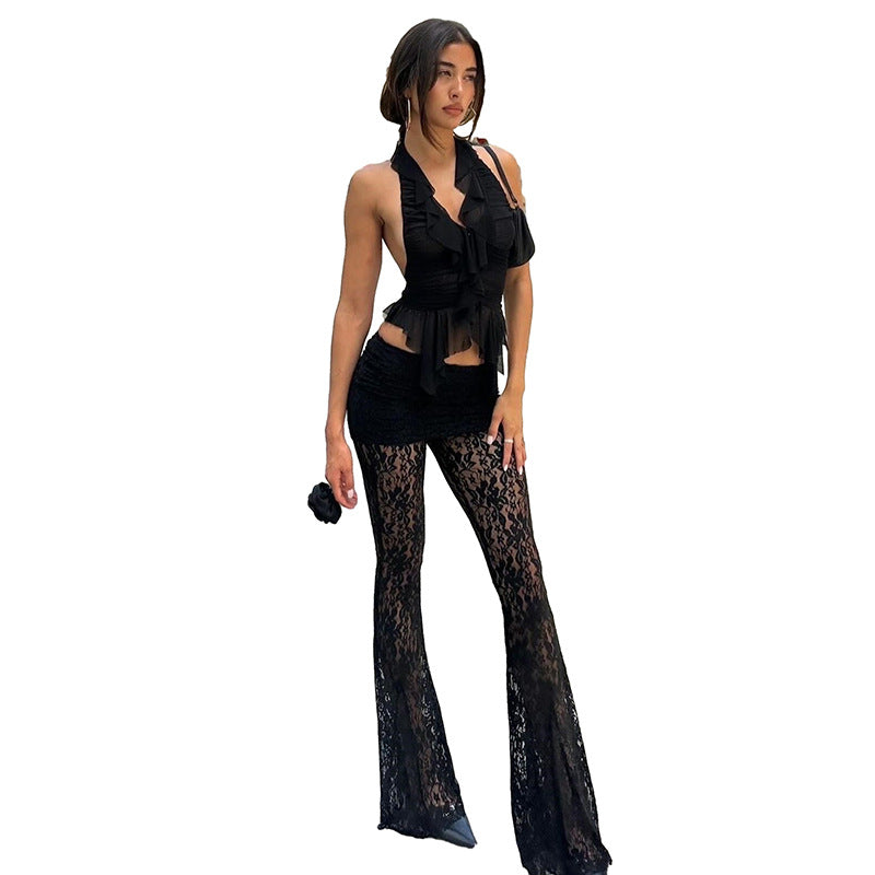 Damen Spitzentransparentes Hosen Set R&B