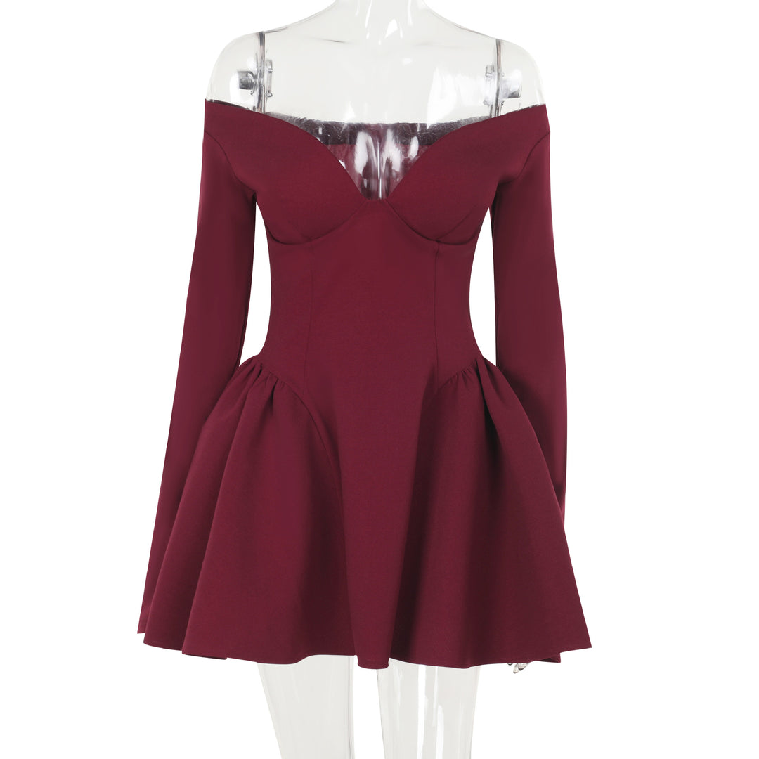 Damen elegantes schulterfreies Minikleid mit weitem Rock R&B