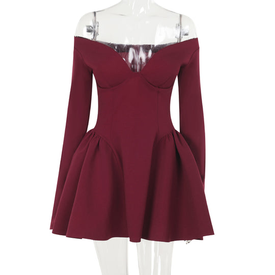 Damen elegantes schulterfreies Minikleid mit weitem Rock R&B