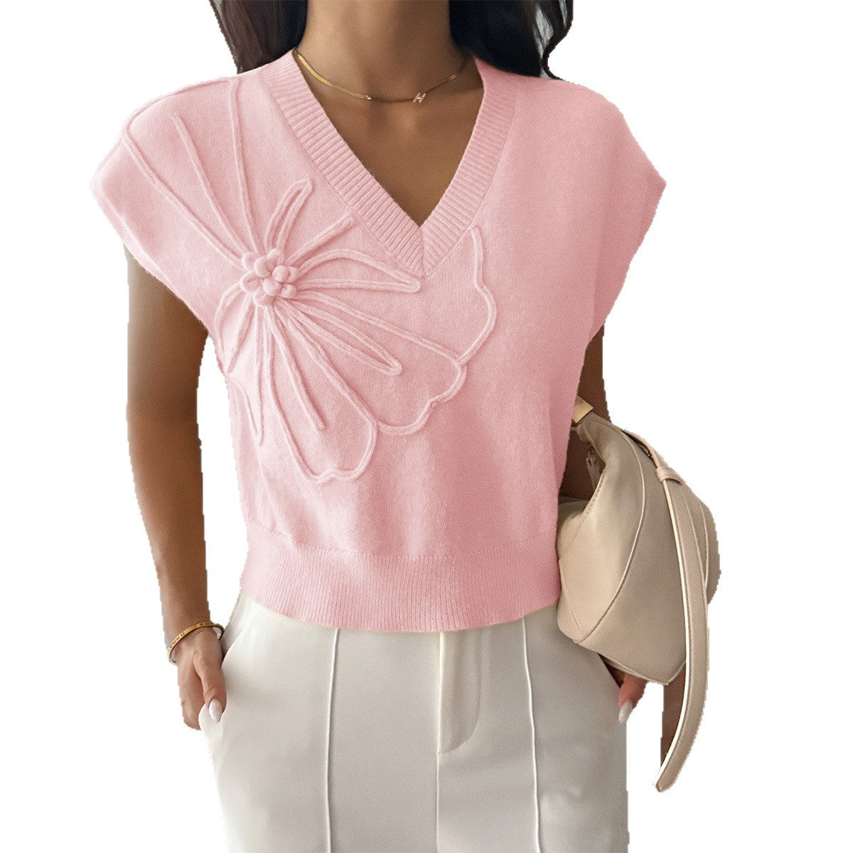Damen V-Ausschnitt Strickoberteil mit floralem Relieffinish R&B
