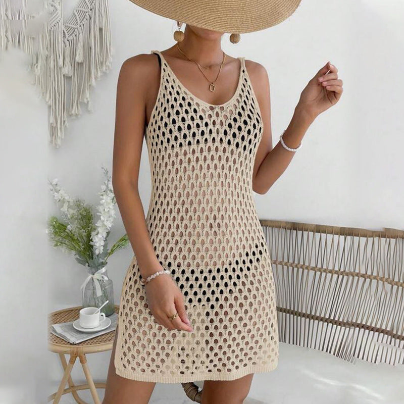 Damen gehäkeltes Strandkleid mit transparentem Netzdesign R&B
