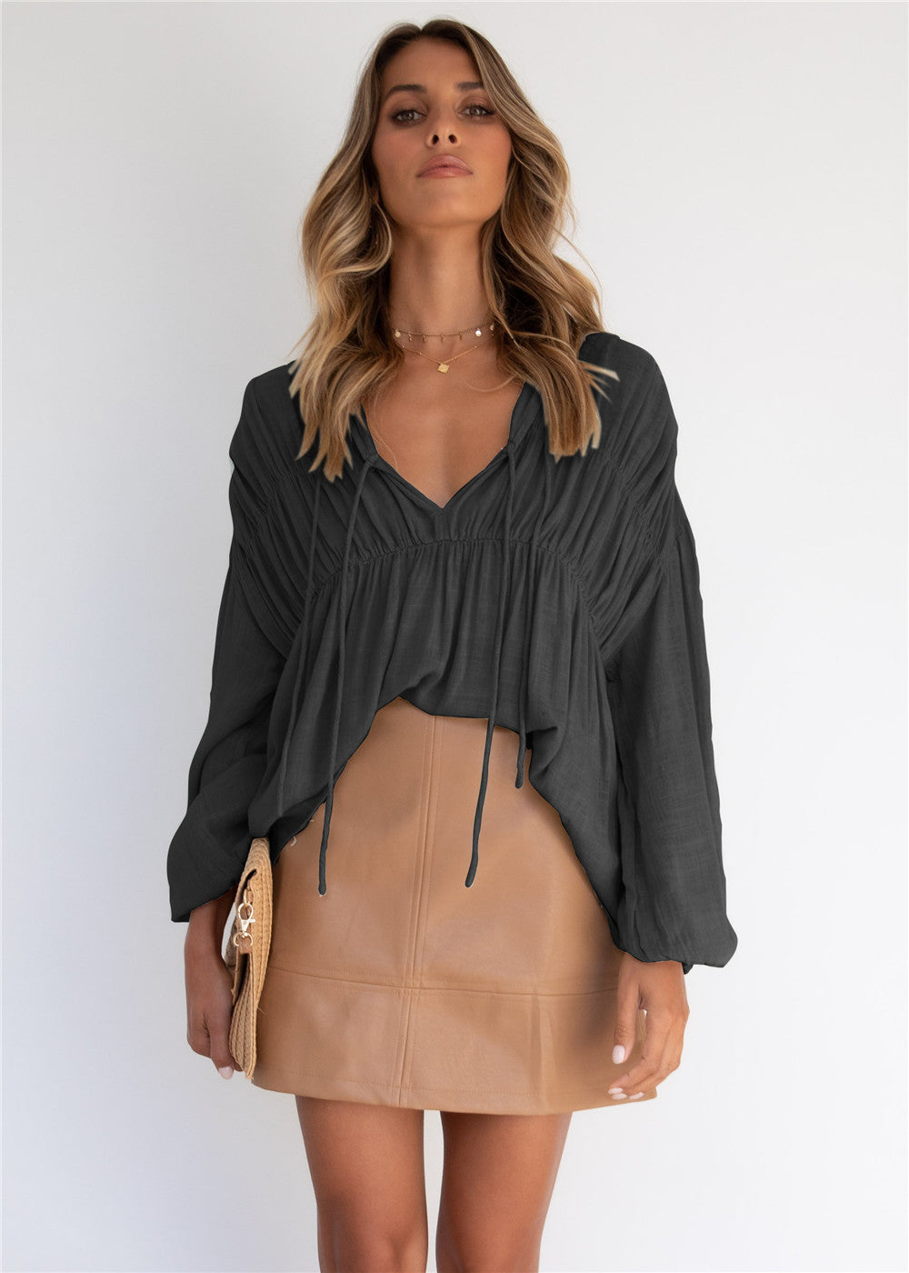 Damen lässige Bluse mit raffinierten Rüschendetails und Kordelzug R&B