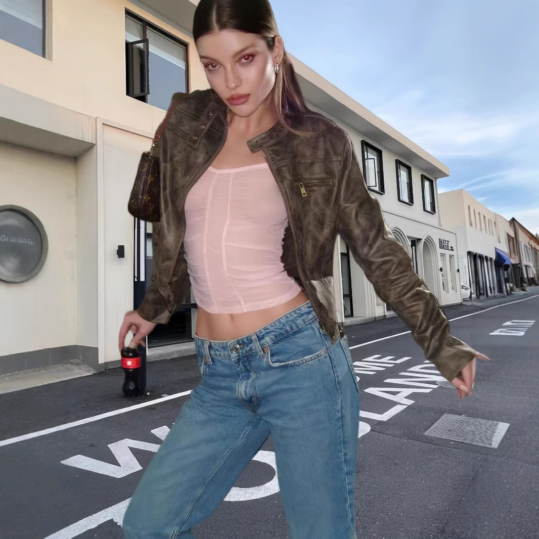 Damen trendige Bikerjacke aus hochwertigem Kunstleder R&B