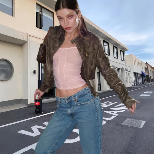 Damen trendige Bikerjacke aus hochwertigem Kunstleder R&B