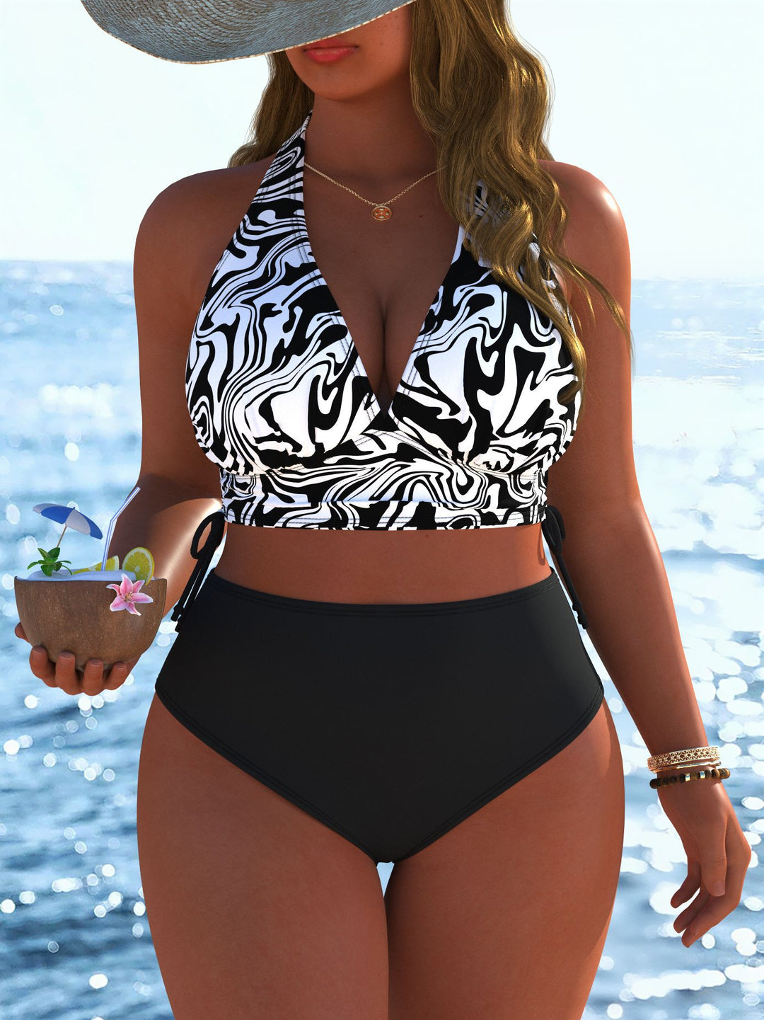 Damen Bikini-Set mit modernem Wickeloberteil und hoch tailliertem Höschen R&B