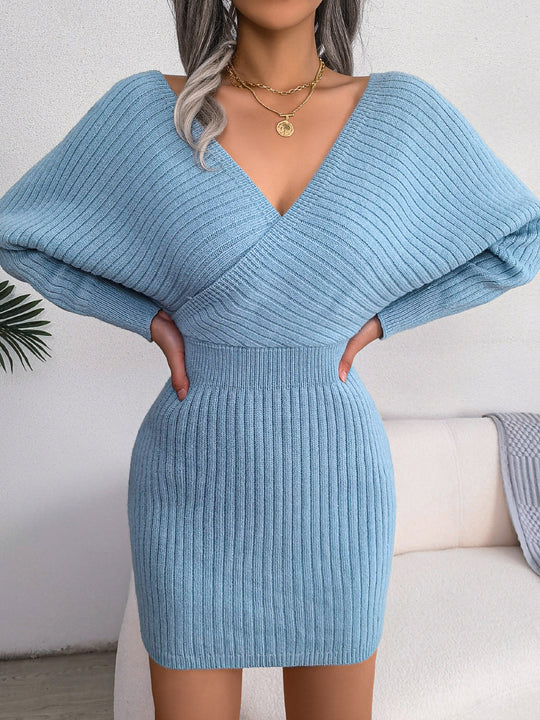 Damen gestricktes Minikleid mit V-Ausschnitt R&B